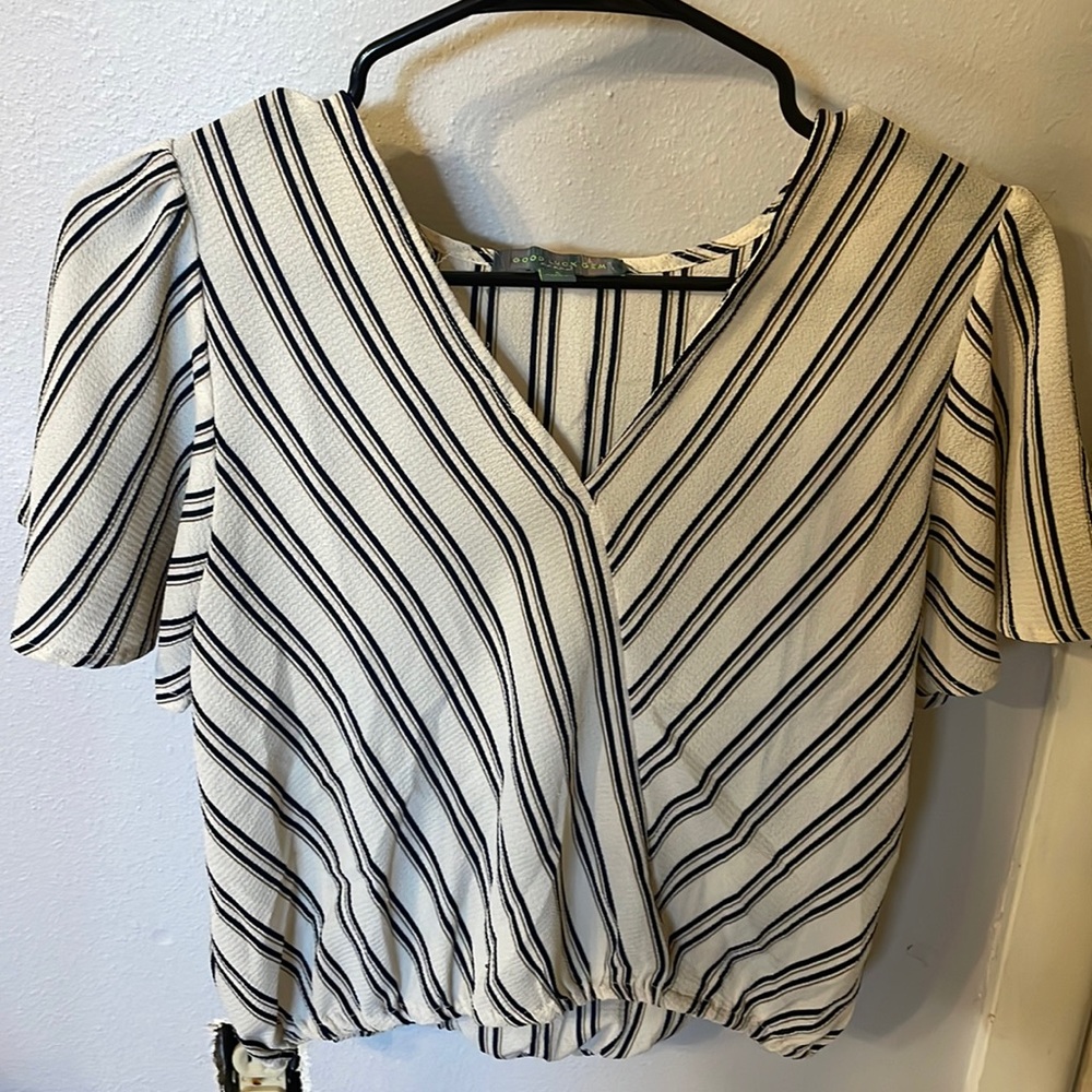 Good Luck Gemsize smallshort sleeve blouse. Beige with black and brown stripes.